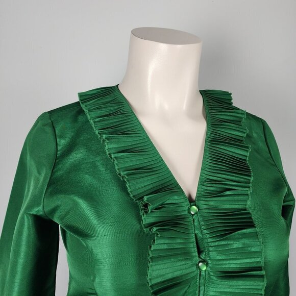 Oscar De La Renta Green Ruffle Button Front Blouse Size 14 - Picture 2 of 9